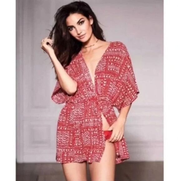 Victoria's Secret Robe OS Women's Red Heart Print Tie Front Kimono Sleepwear - Picture 1 of 7